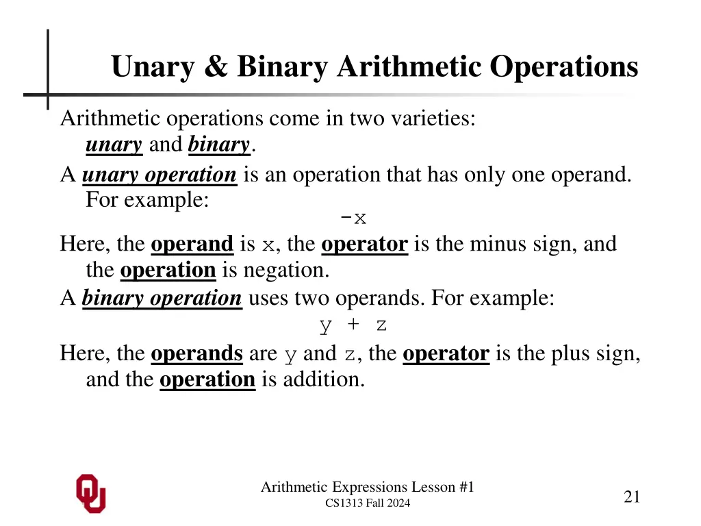 unary binary arithmetic operations