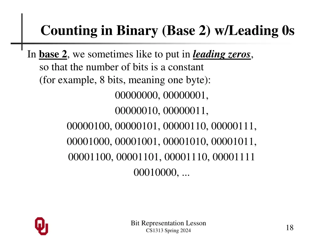 counting in binary base 2 w leading 0s