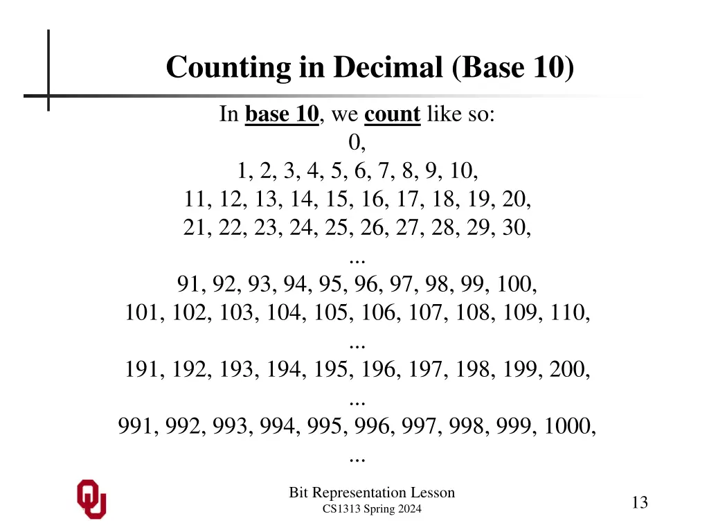 counting in decimal base 10