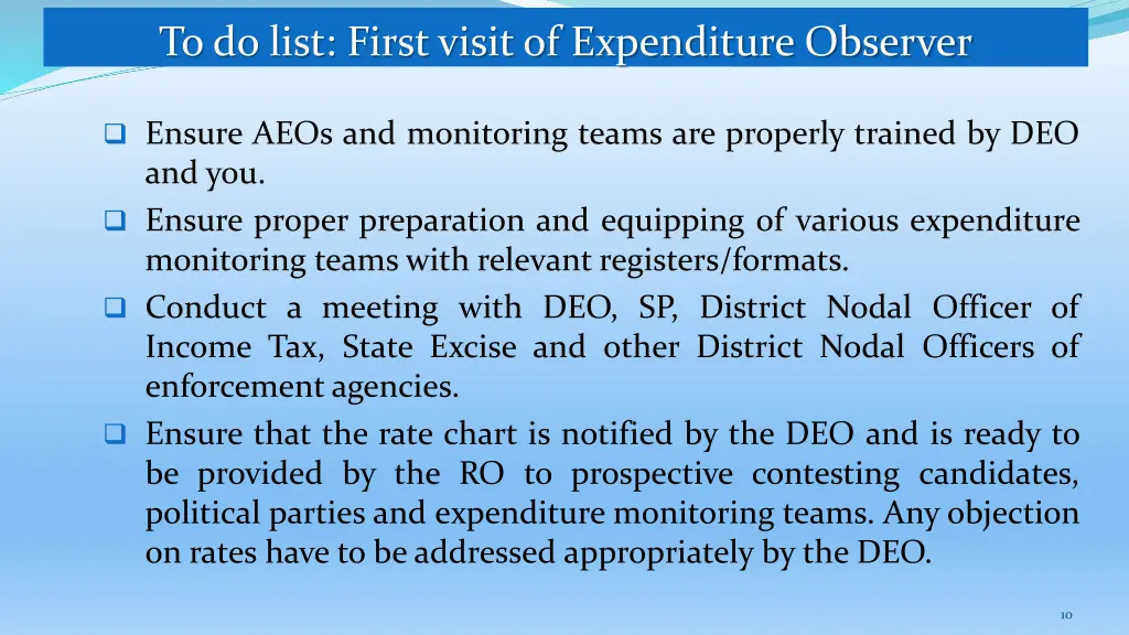 to do list first visit of expenditure observer