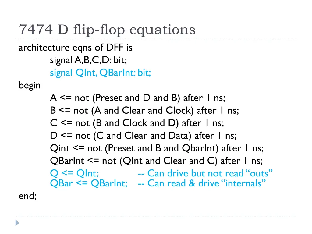 7474 d flip flop equations architecture eqns