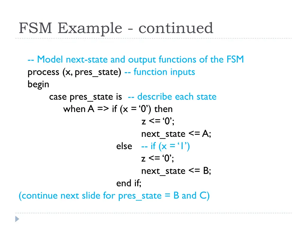 fsm example continued