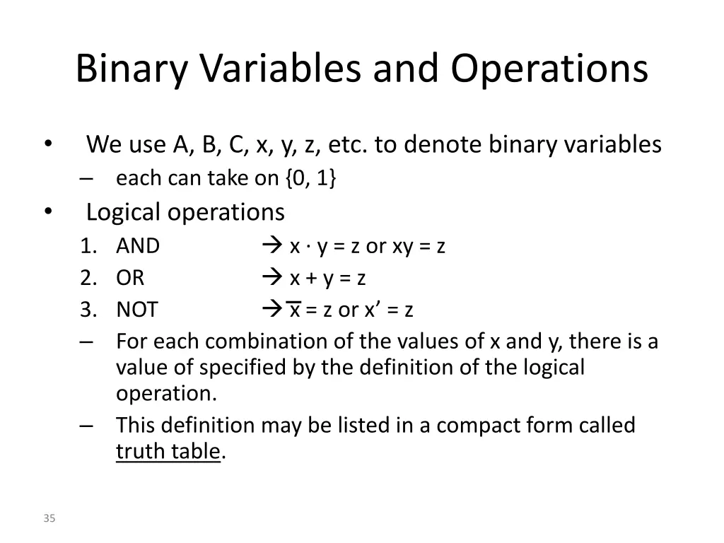 binary variables and operations