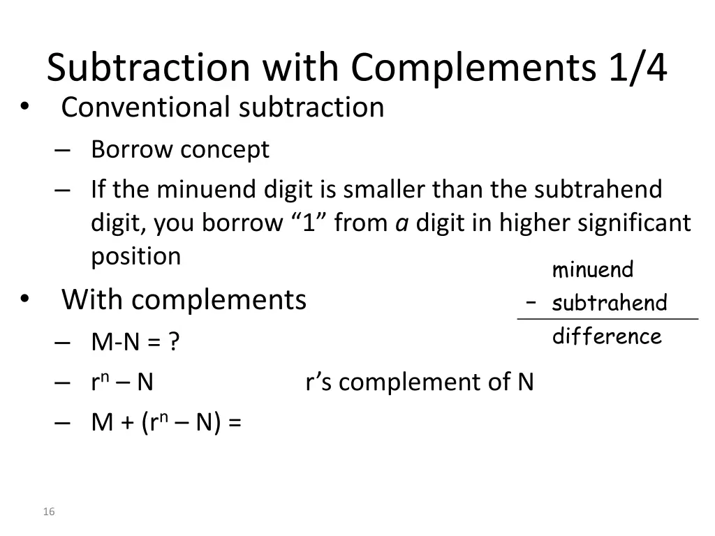 subtraction with complements 1 4 conventional