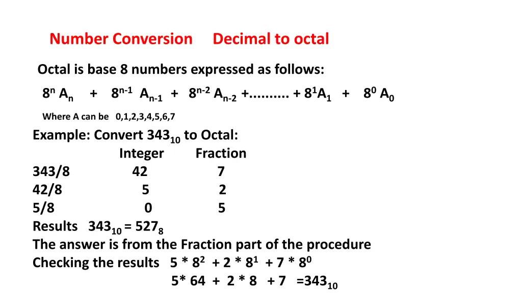 number conversion decimal to octal