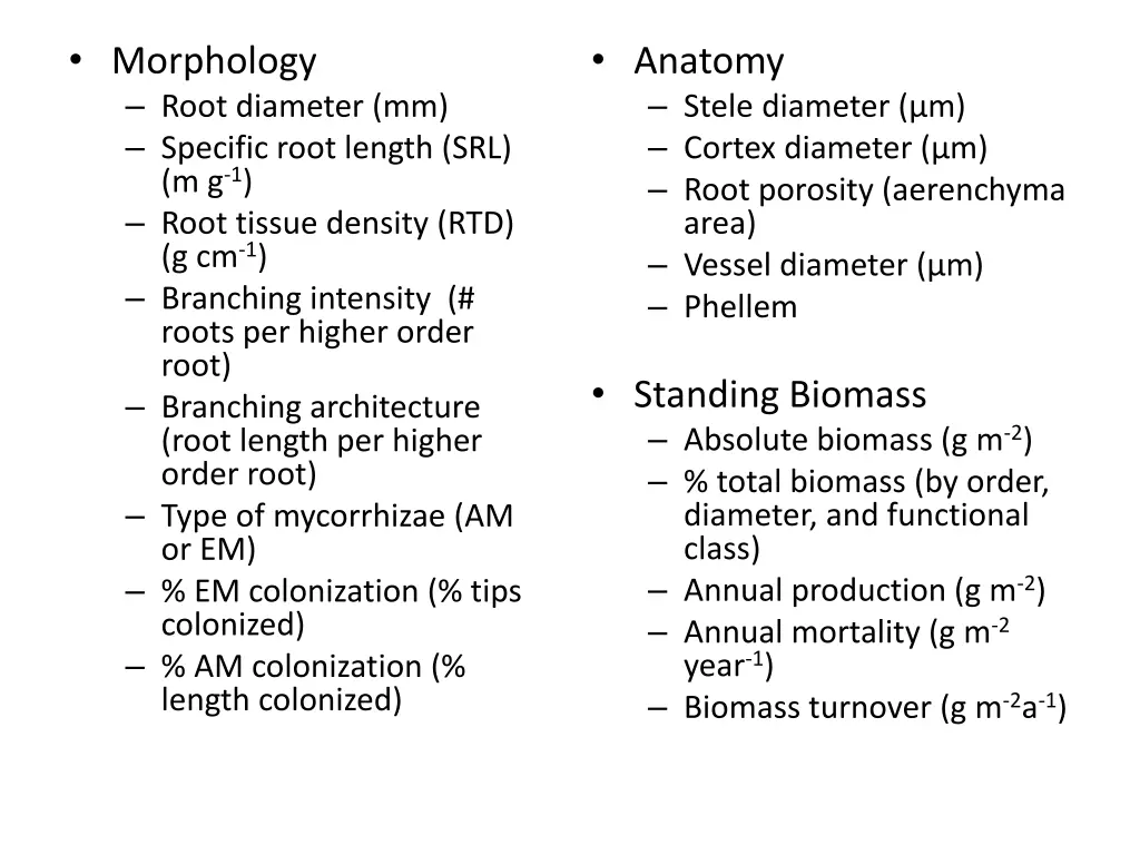 morphology root diameter mm specific root length