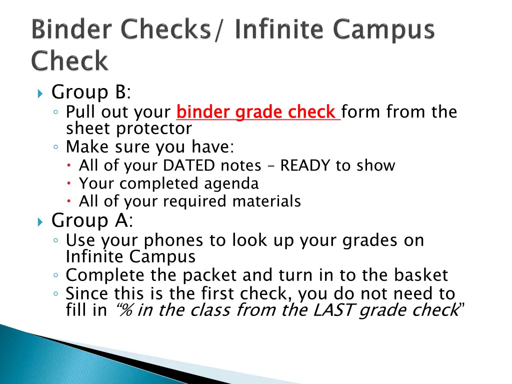 group b pull out your binder grade check sheet