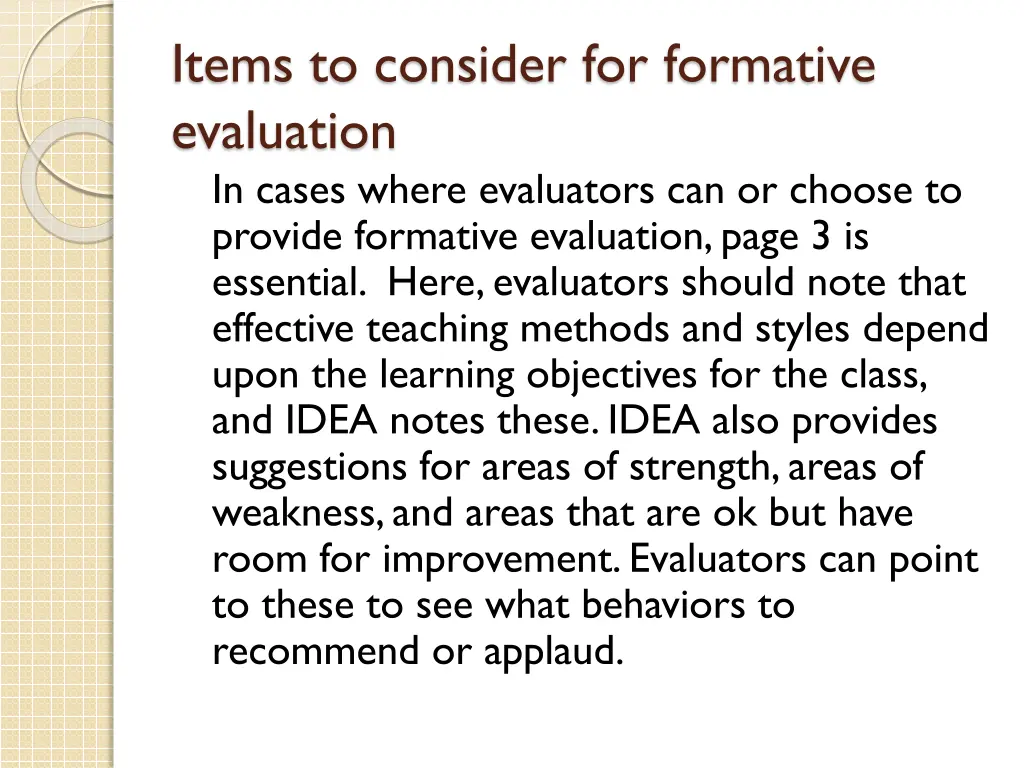 items to consider for formative evaluation