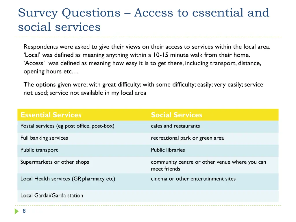 survey questions access to essential and social