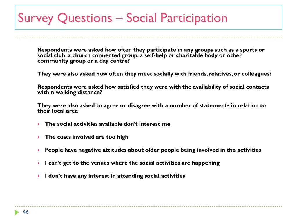 survey questions social participation