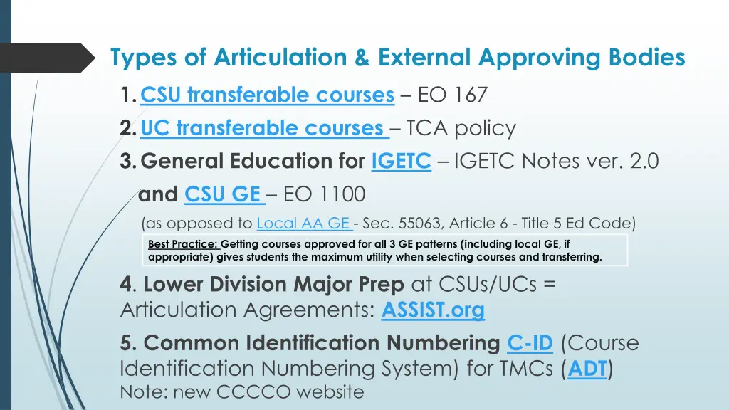 types of articulation external approving bodies