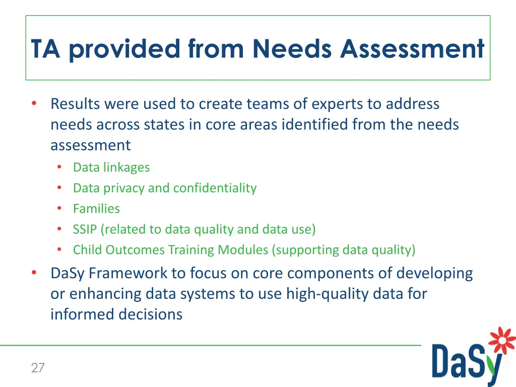 ta provided from needs assessment