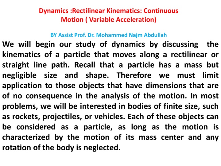 dynamics rectilinear kinematics continuous motion