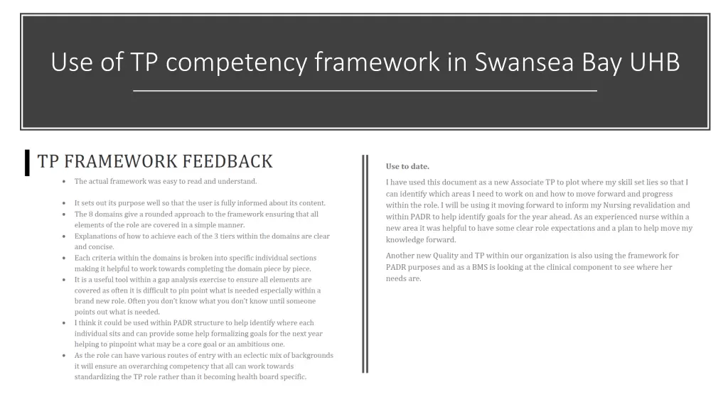 use of tp competency framework in swansea bay uhb