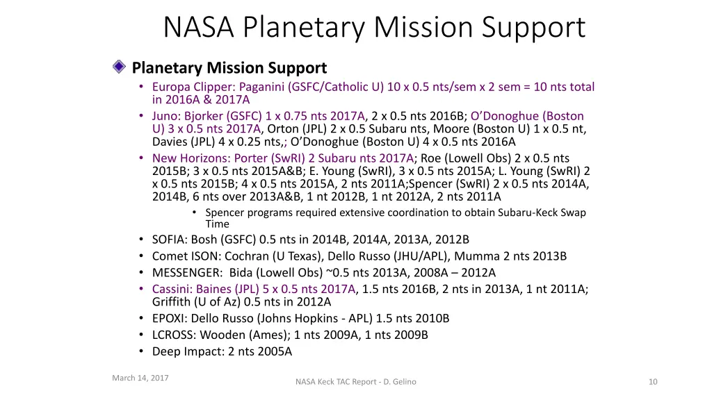 nasa planetary mission support