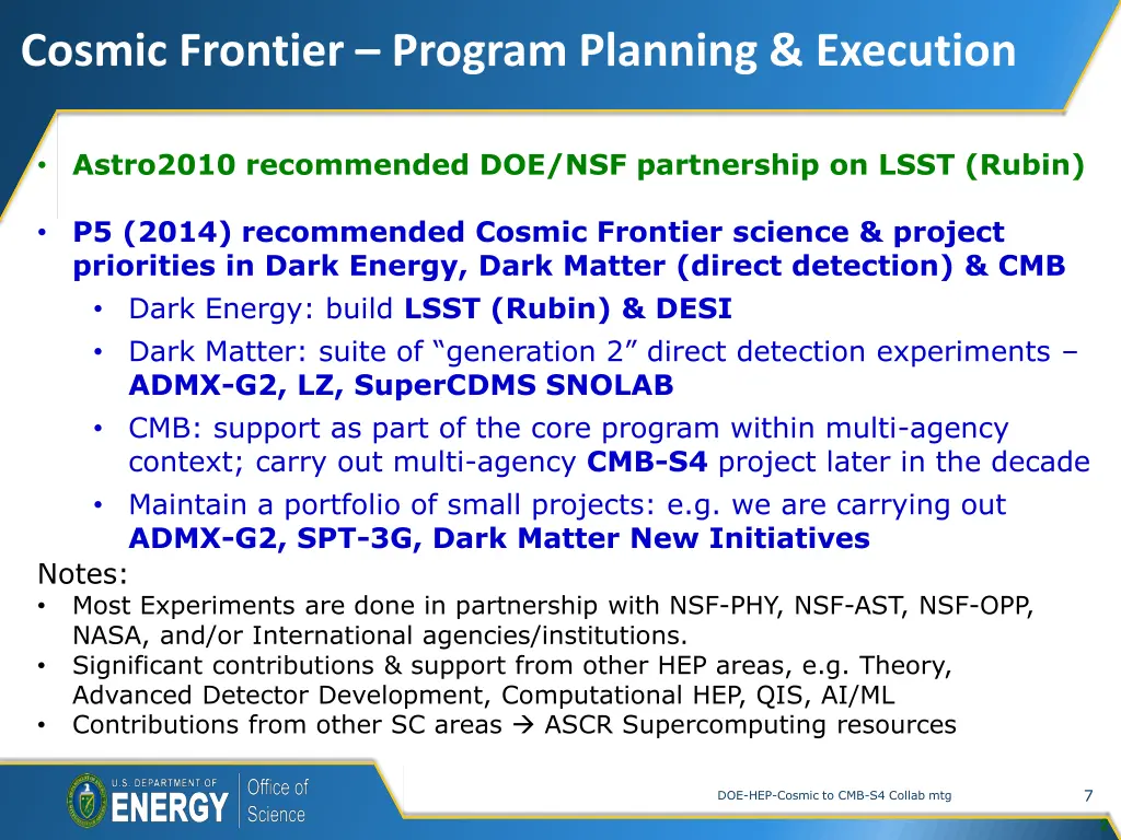 cosmic frontier program planning execution