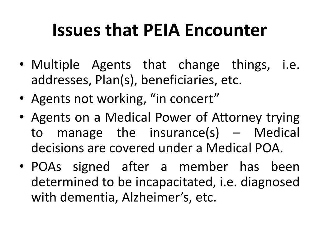 issues that peia encounter