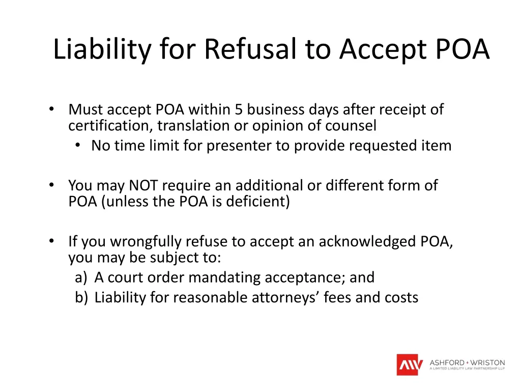 liability for refusal to accept poa