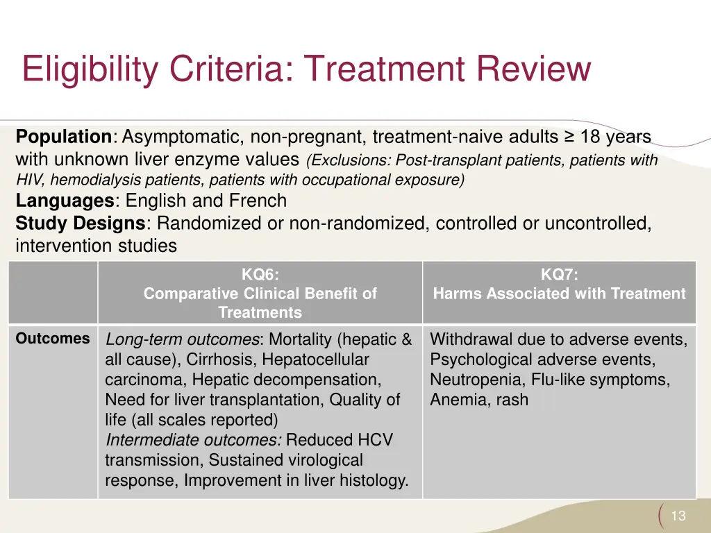 eligibility criteria treatment review