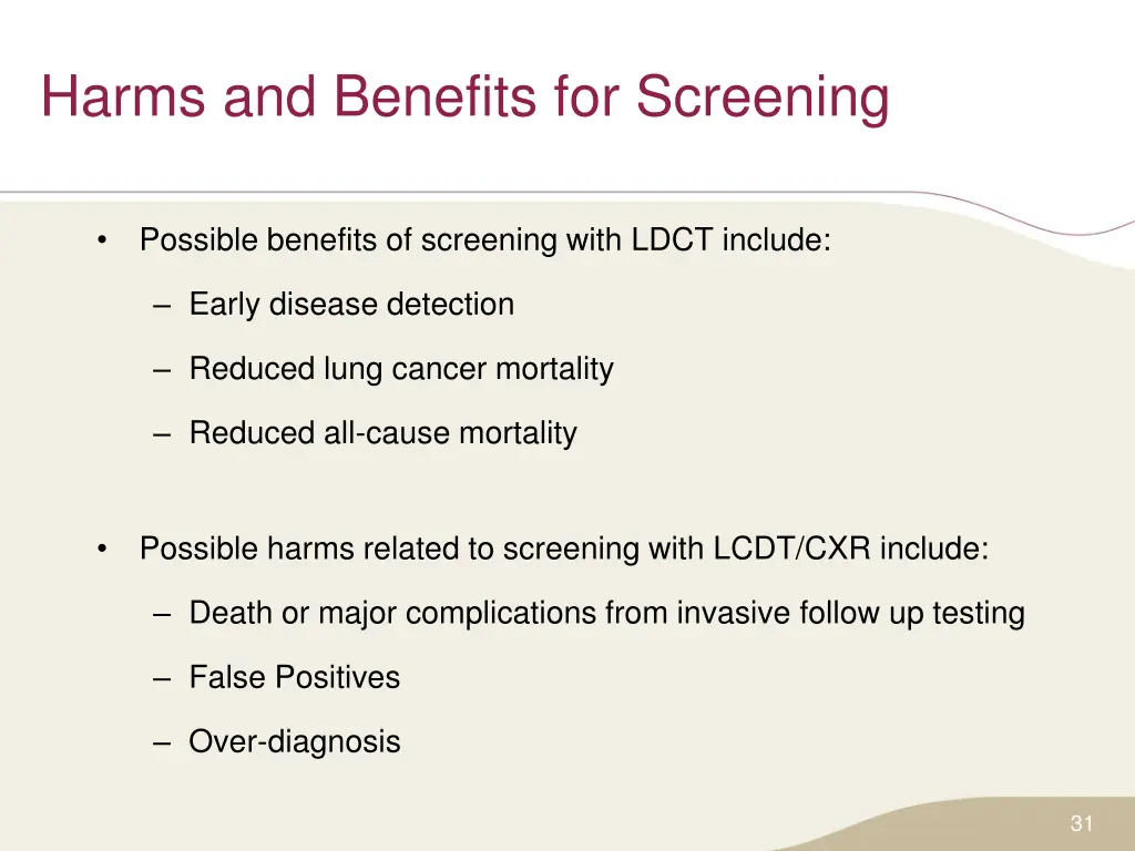 harms and benefits for screening