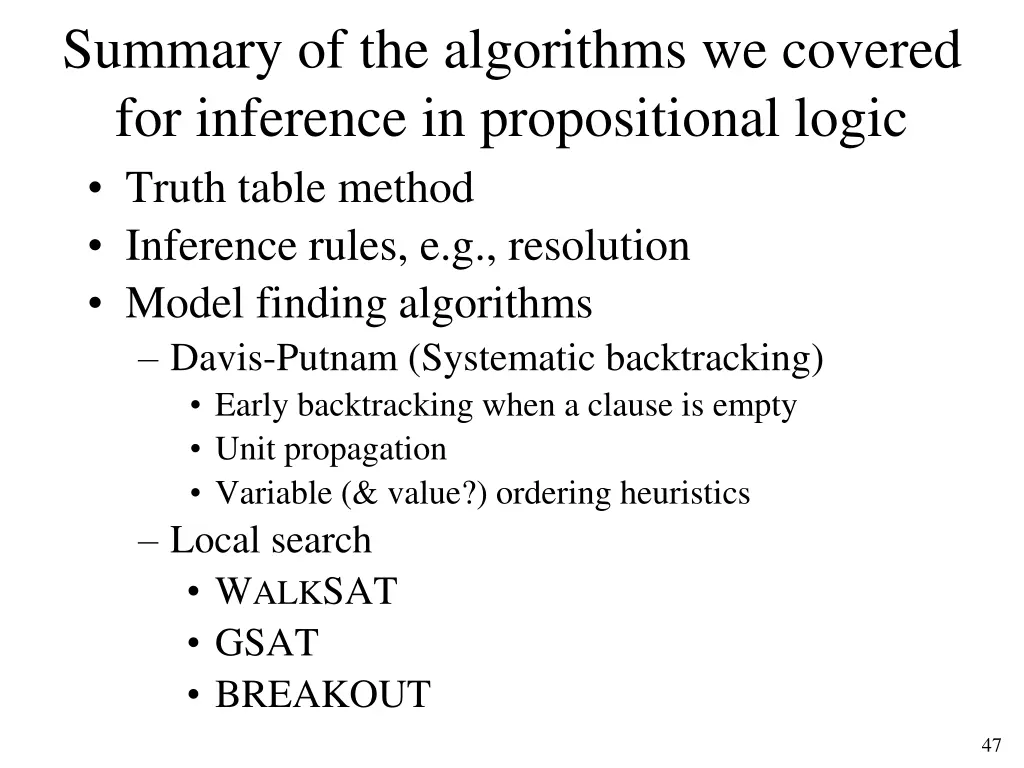 summary of the algorithms we covered