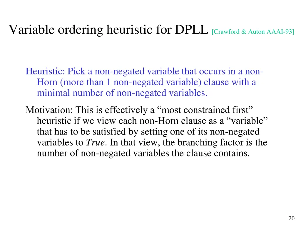 variable ordering heuristic for dpll crawford