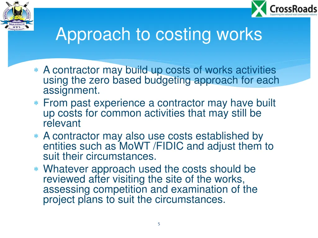 approach to costing works