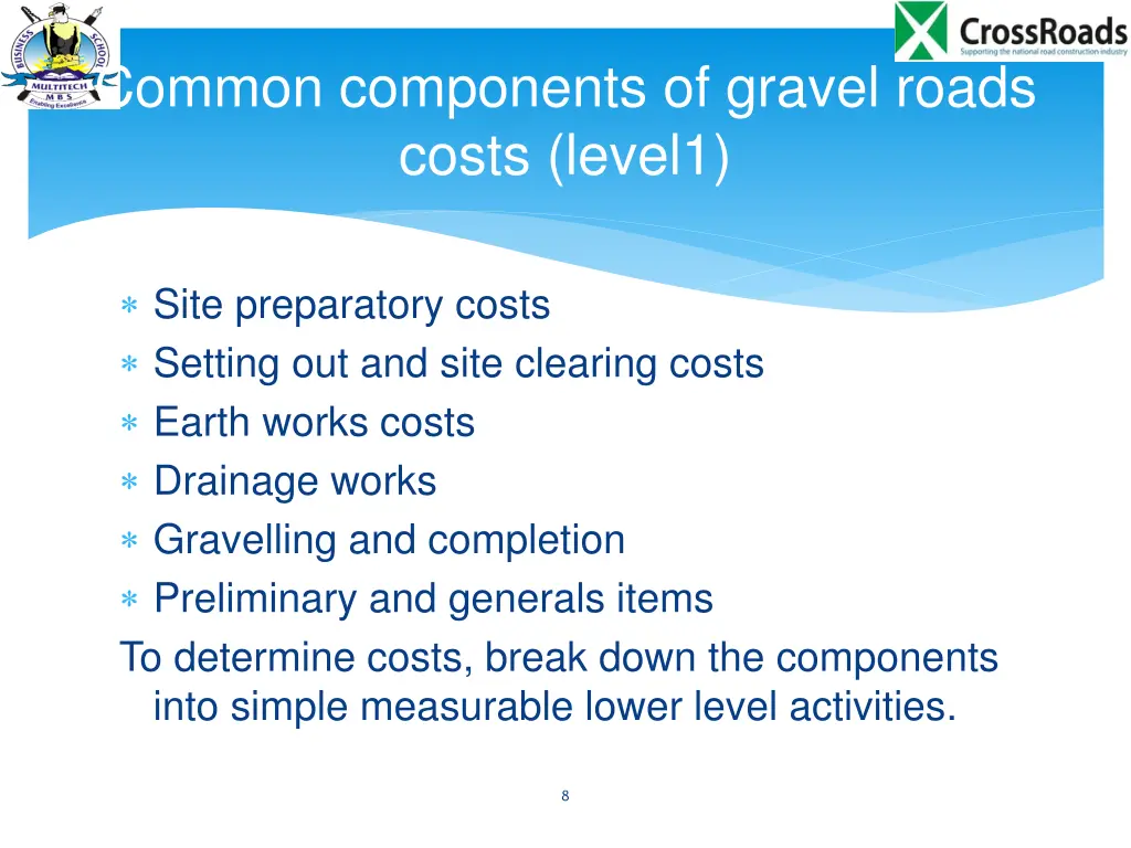 common components of gravel roads costs level1