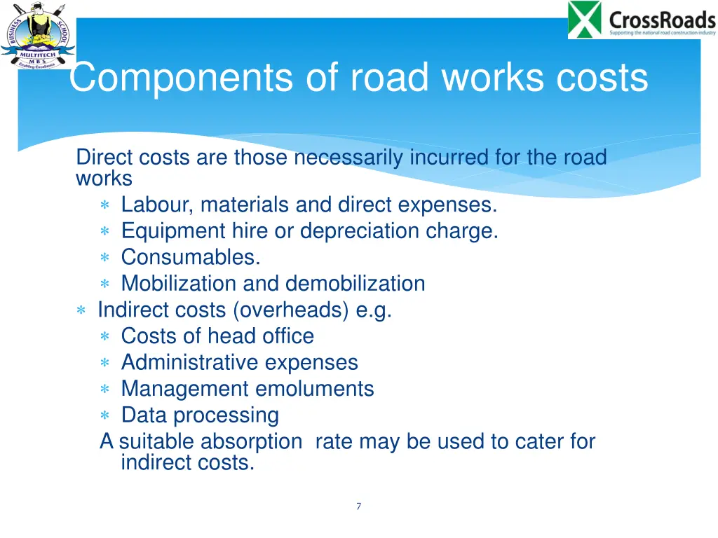 components of road works costs