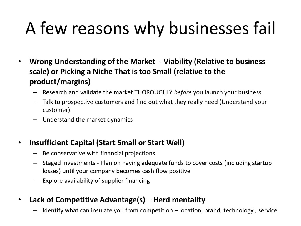 a few reasons why businesses fail