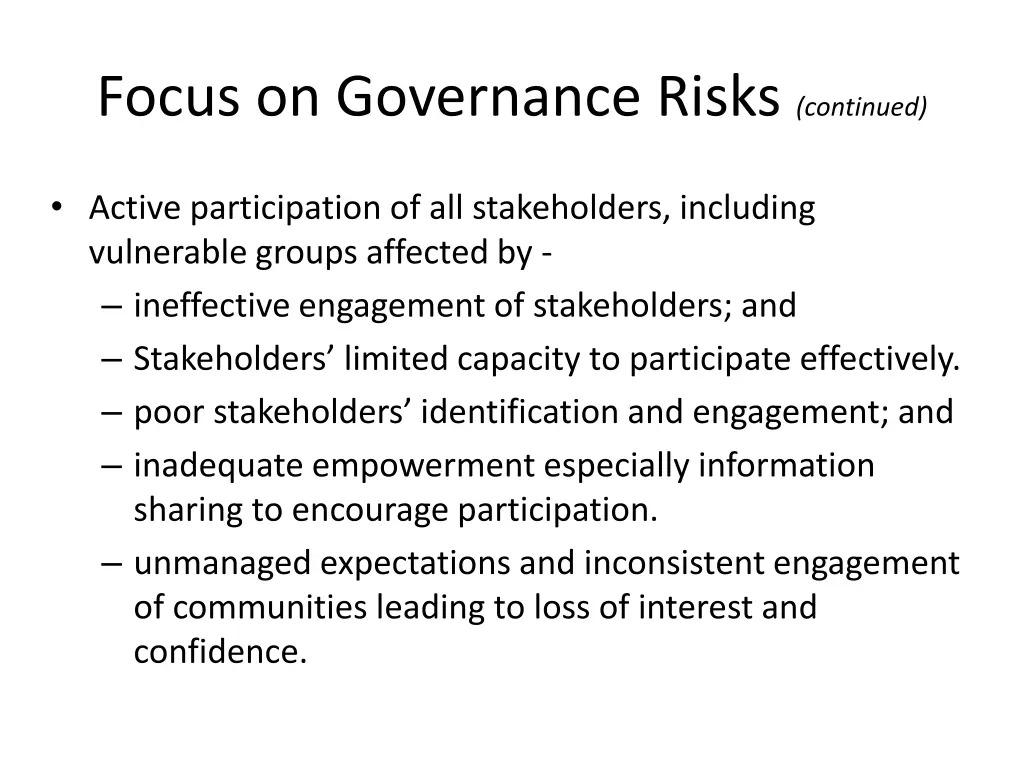 focus on governance risks continued