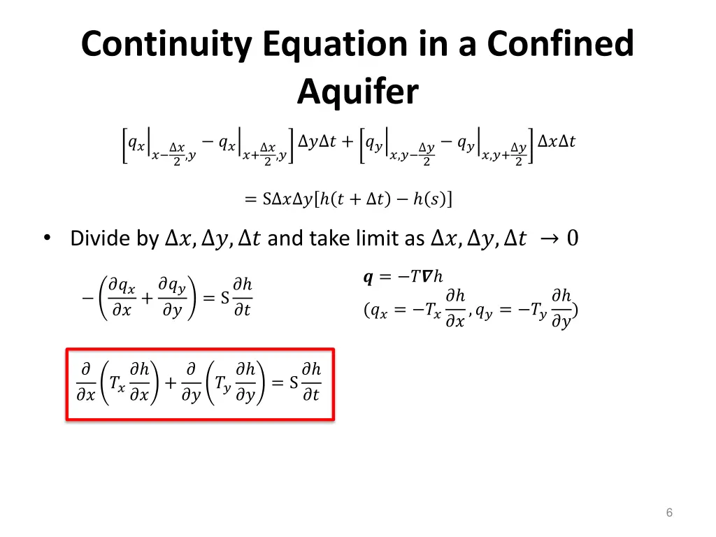 continuity equation in a confined aquifer