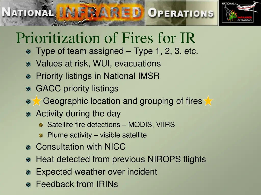 prioritization of fires for ir type of team