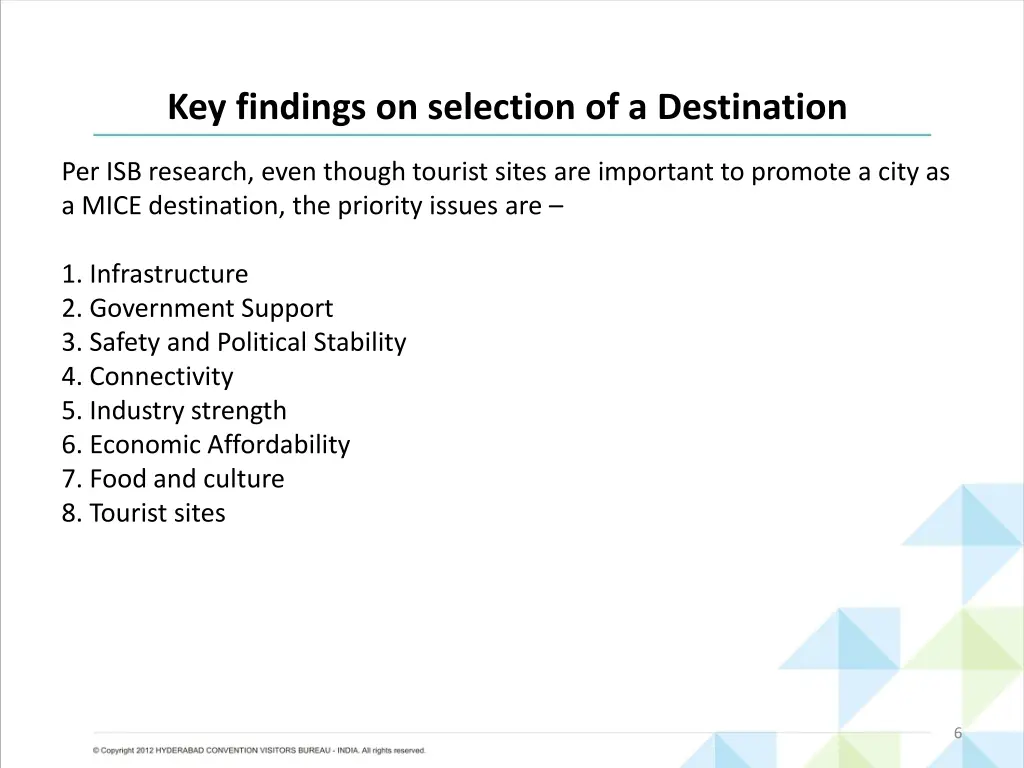 key findings on selection of a destination