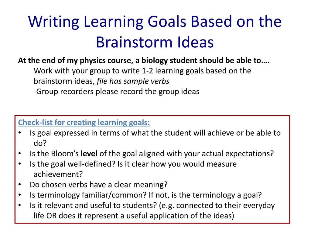 writing learning goals based on the brainstorm