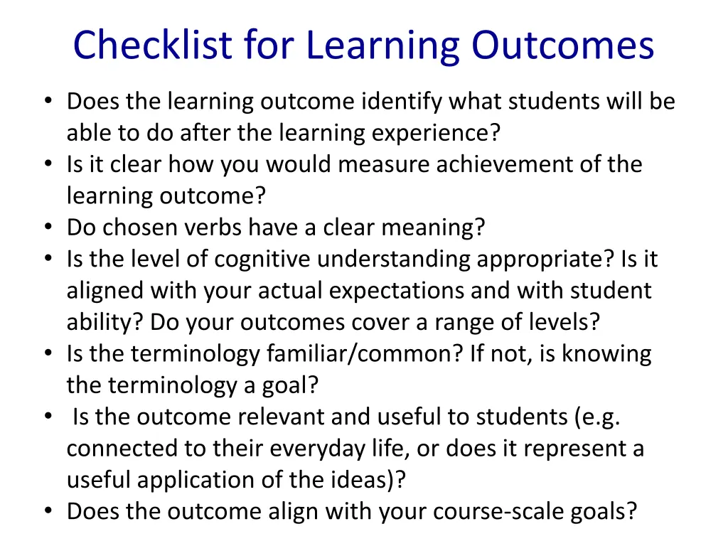 checklist for learning outcomes