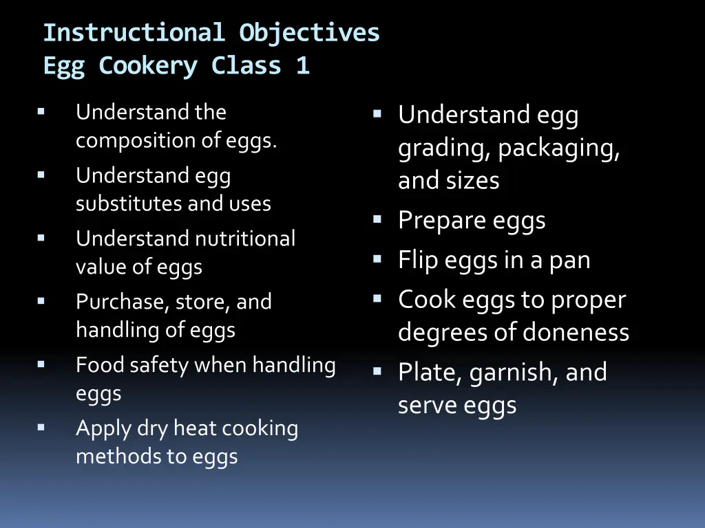 instructional objectives egg cookery class 1