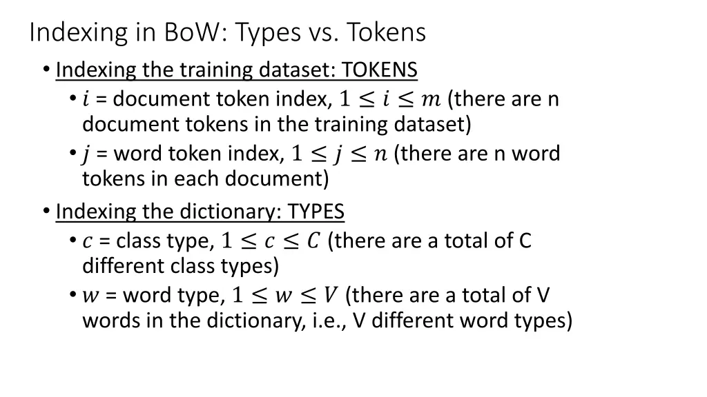 indexing in bow types vs tokens indexing