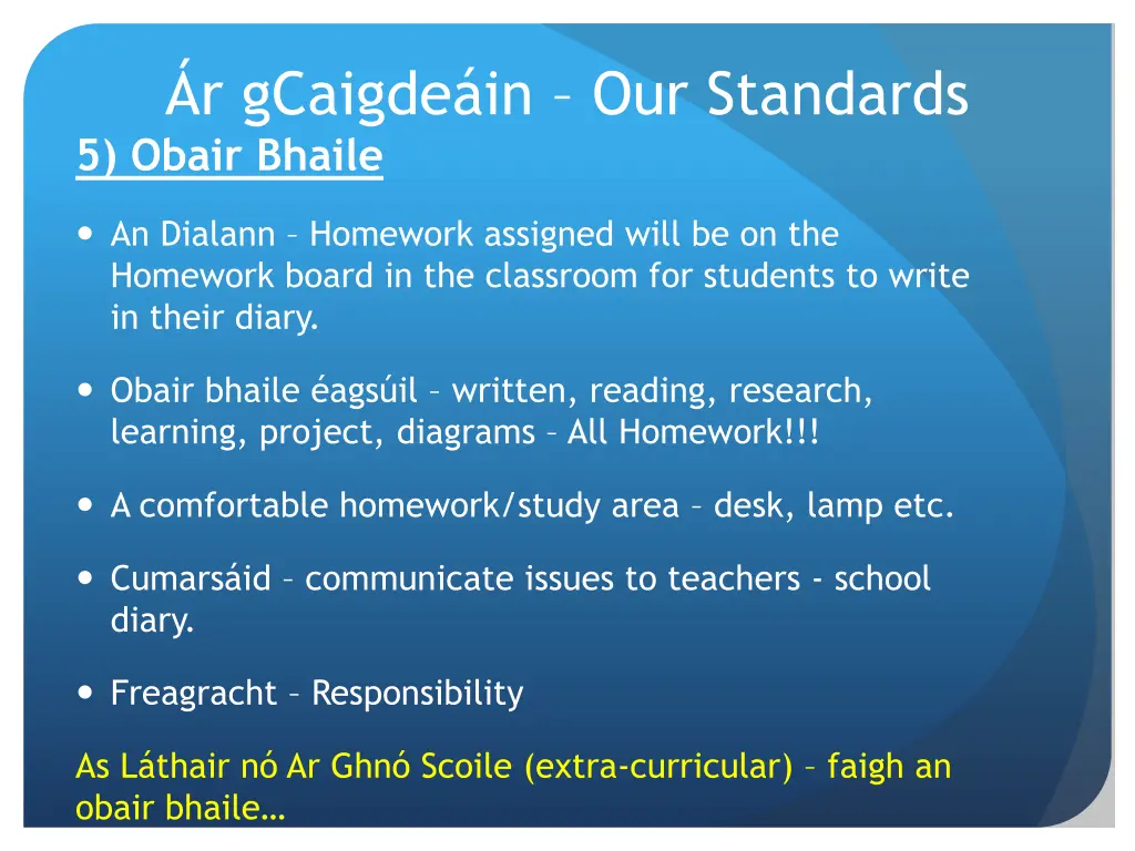 r gcaigde in our standards 5 obair bhaile