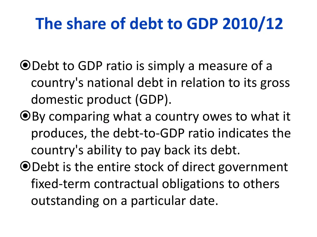 the share of debt to gdp 2010 12