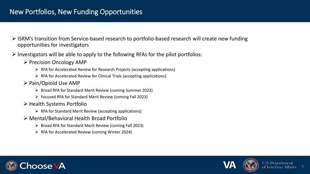 new portfolios new funding opportunities