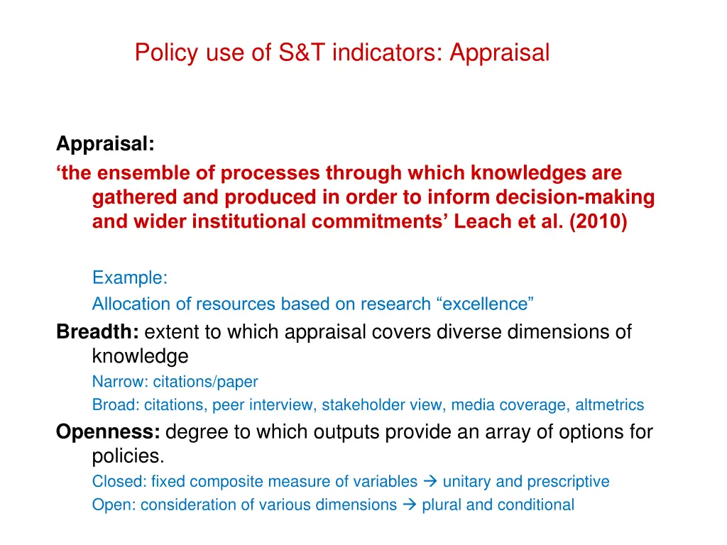 policy use of s t indicators appraisal 1