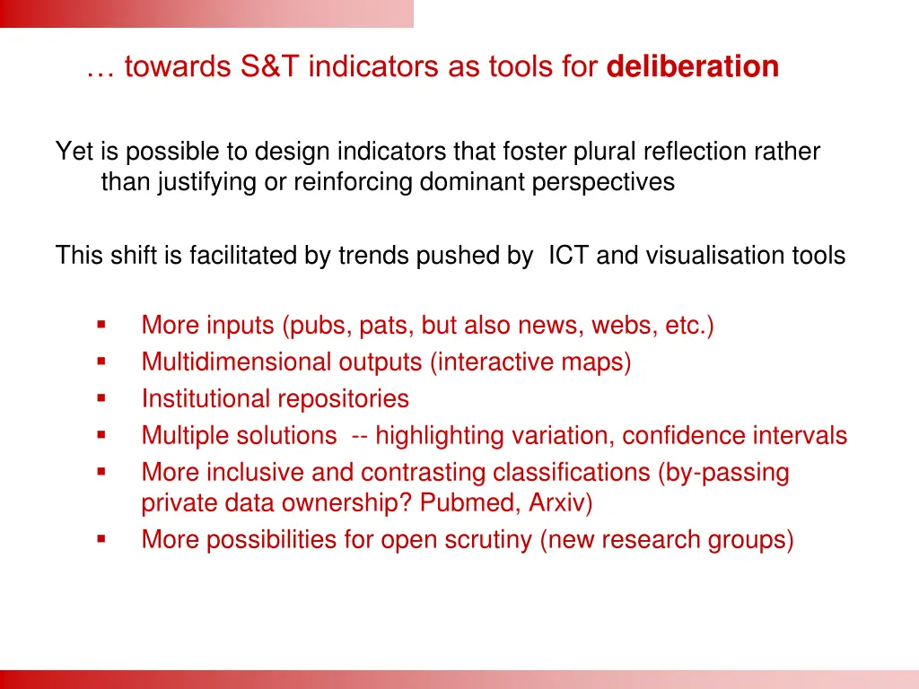 towards s t indicators as tools for deliberation