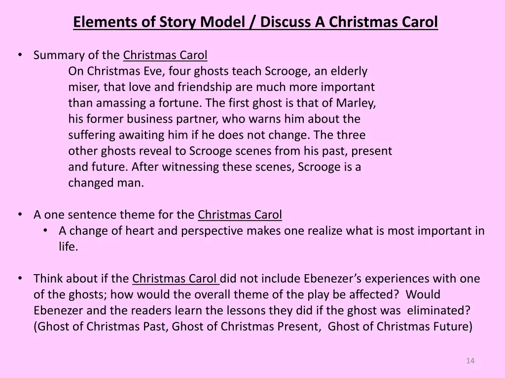 elements of story model discuss a christmas carol