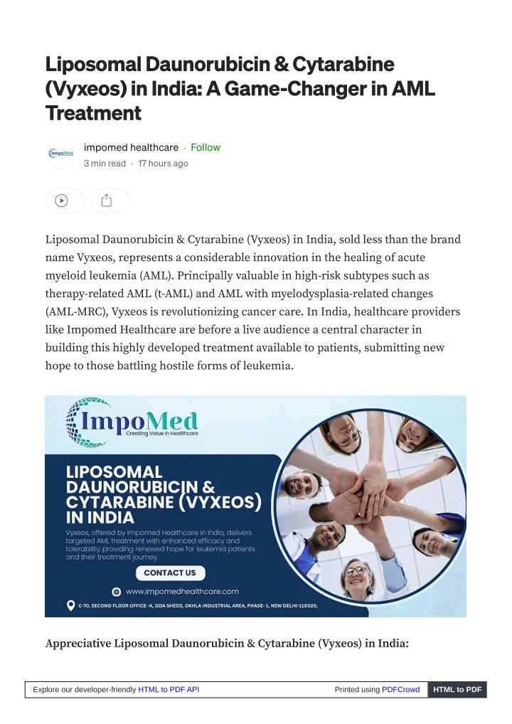 liposomal daunorubicin cytarabine vyxeos in india