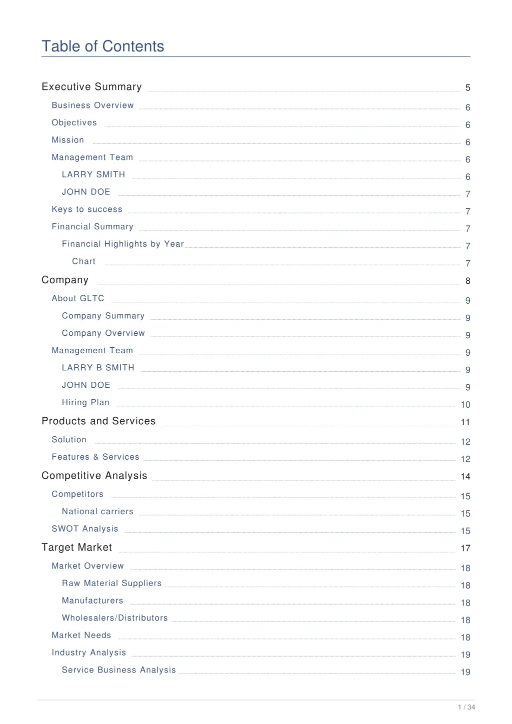 table of contents