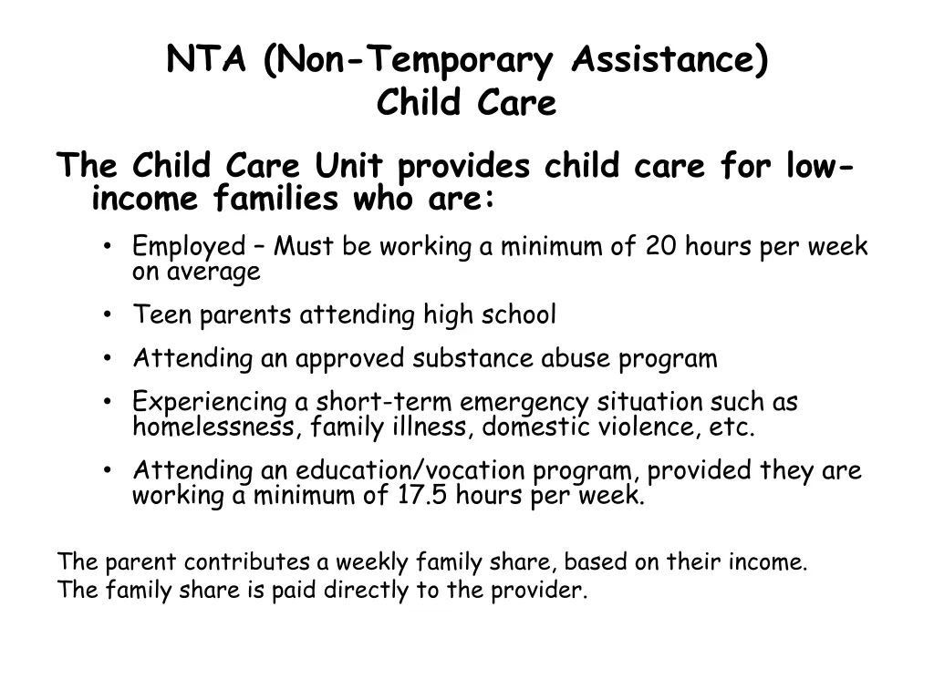 nta non temporary assistance child care the child