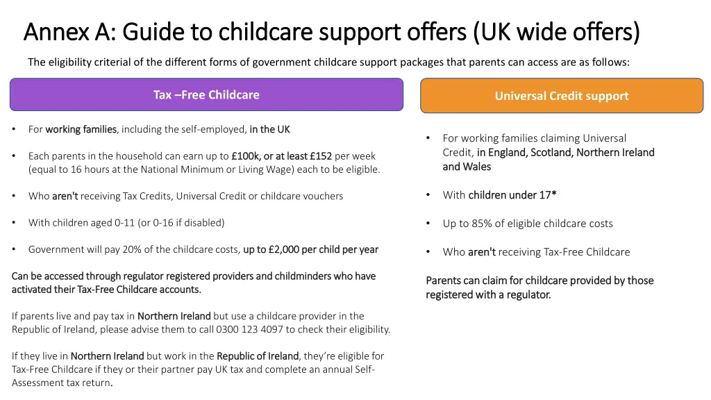 annex a guide to childcare support offers uk wide