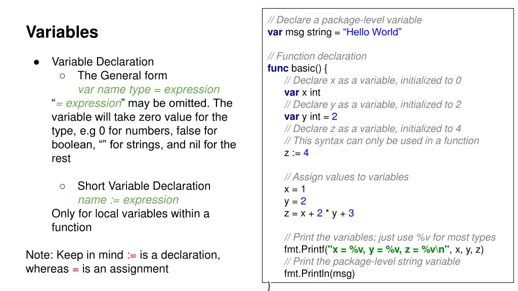 declare a package level variable var msg string