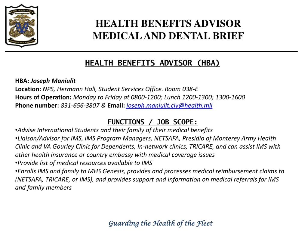 health benefits advisor medical and dental brief 1